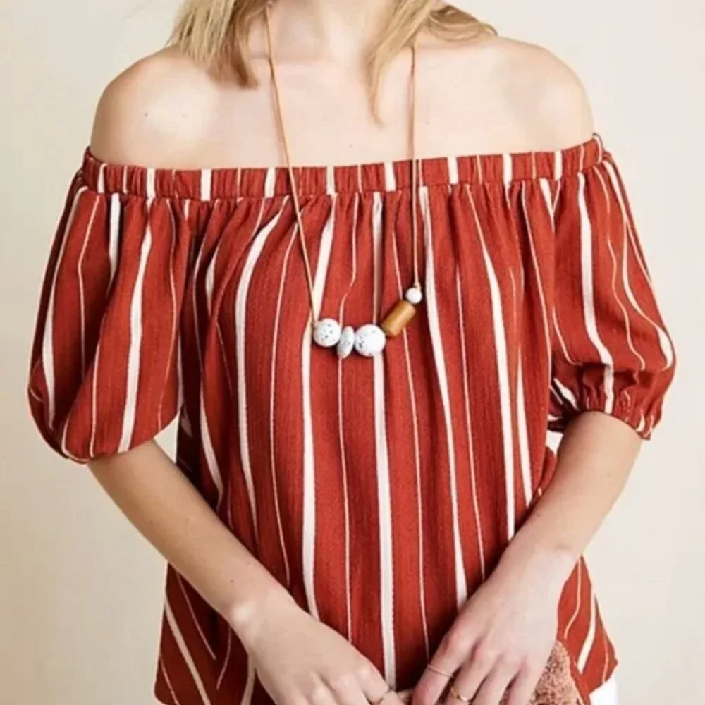 ANTHROPOLOGIE ANTHRO Elodie Off the Shoulder Top Terracotta Rust Red Stripe Boho